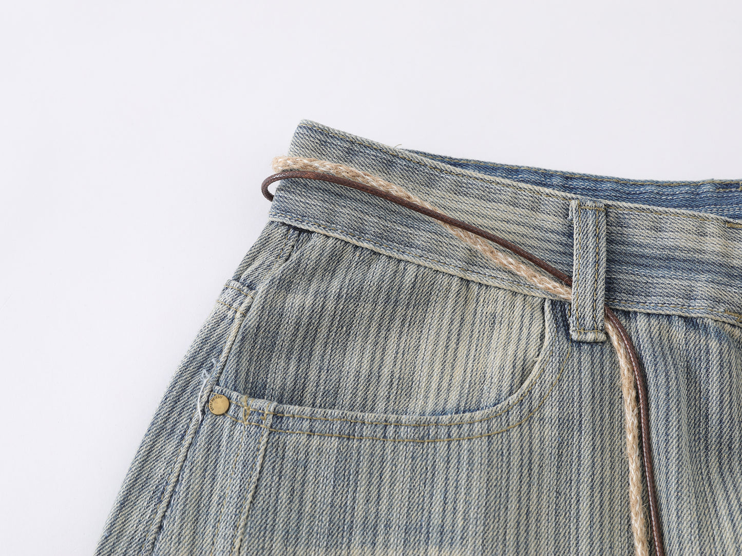 Stripe Texture Balloon Wide Leg Jeans Braided Rope Belt Wooden Bead High Waist Baggy Denim Pants Vintage Streetwear Trousers | Bead Rope
