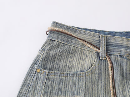 Stripe Texture Balloon Wide Leg Jeans Braided Rope Belt Wooden Bead High Waist Baggy Denim Pants Vintage Streetwear Trousers | Bead Rope