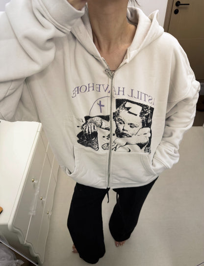 Enfants Riches Deprimes ERD I Still Have Hope Zip Hoodie Madonna Cross Patch Washed Heavyweight Cotton Oversized Zip-Up Streetwear Sweatshirt | Still Hope