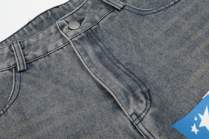 Number 18 Star Flag Print Wide Leg Denim Shorts High Waist Washed Vintage Streetwear Summer Casual Shorts