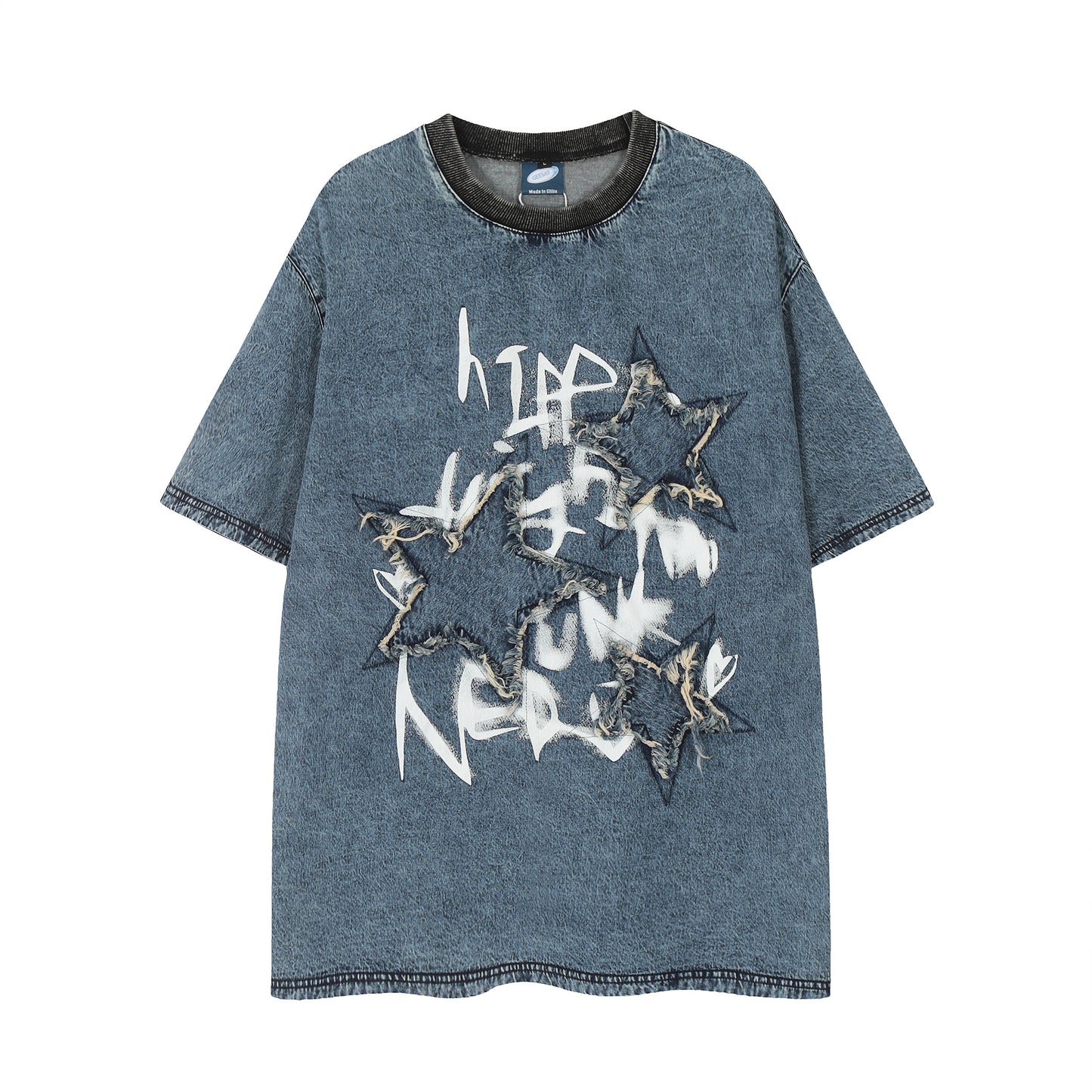 Distressed star patch washed denim tee washed blue - front