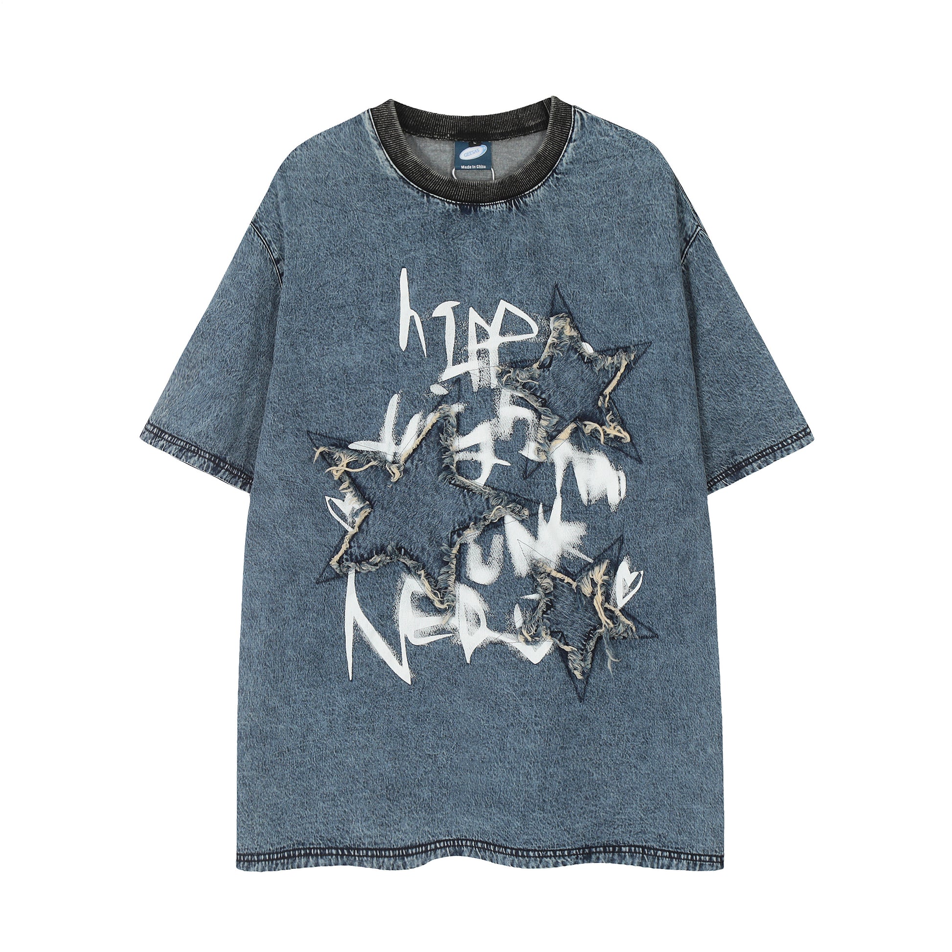Distressed star patch washed denim tee washed blue - front