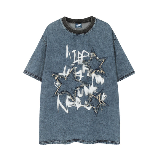 Distressed star patch washed denim tee washed blue - front