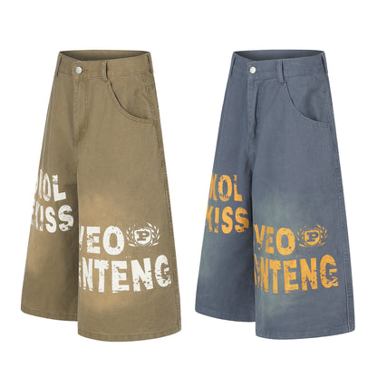 Women's Letter Print Wide Leg Denim Shorts High Waist Washed Casual Streetwear Summer Jean Shorts