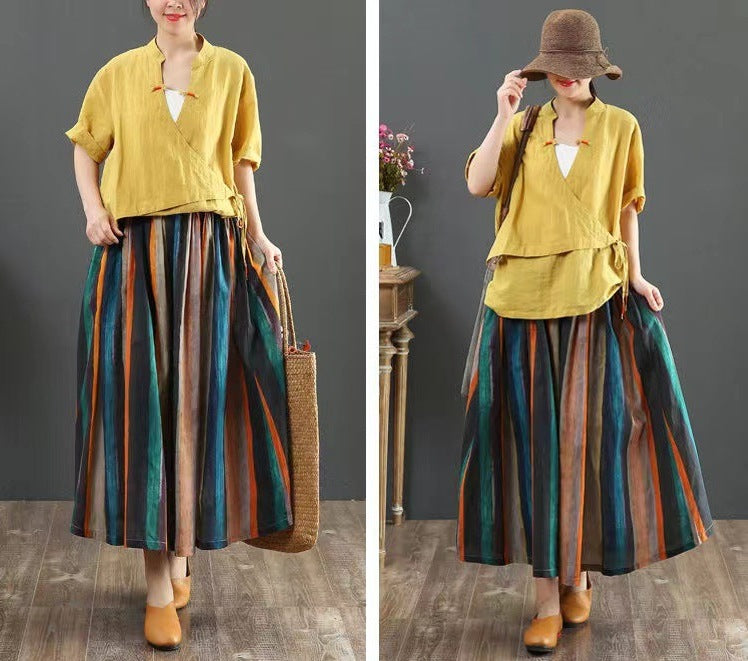 New style cotton and linen all-matching A-line skirt loose literary stripe printing medium-long pleated skirt for women