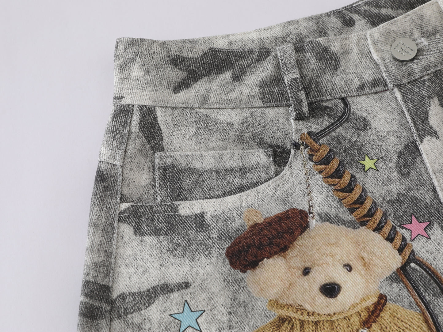 Snow Camo Cargo Shorts Teddy Bear Pendant Cartoon Patch Multi Pocket High Waist Casual Streetwear Baggy Shorts | Camo Bear