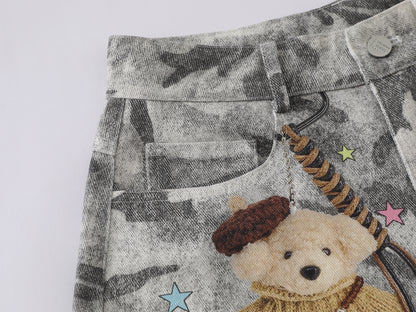 Snow Camo Cargo Shorts Teddy Bear Pendant Cartoon Patch Multi Pocket High Waist Casual Streetwear Baggy Shorts | Camo Bear