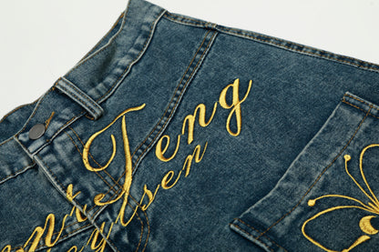 Women's RyntFeng Toysen Gold Script Floral Embroidery Balloon Wide Leg Denim Jeans High Waist Y2K Streetwear Baggy Jean Pants