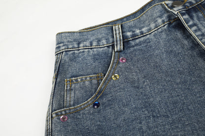 Women's Script Embroidery Rhinestone Wide Leg Denim Shorts High Waist Washed Casual Streetwear Jean Shorts