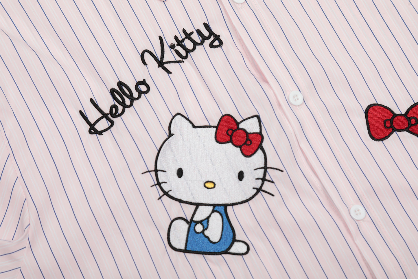 Hello Kitty Stripe Short Sleeve Shirt Oversized Button Down Kawaii Graphic Cute Y2K Casual Summer Top | Kitty Stripe