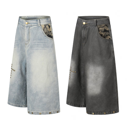 Women's Cross Rivet Camo Patch Wide Leg Denim Shorts High Waist Washed Streetwear RVNTENG Jean Shorts
