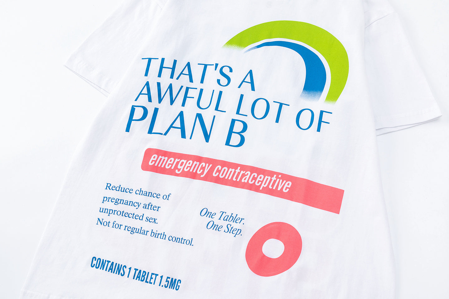 White unisex graphic T-shirt with colorful Plan B and cough syrup text print on the front and back - view 6