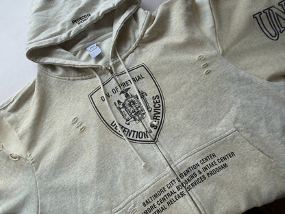 Protocol Index Shield Badge Print Spliced Zip Hoodie Distressed Washed Embroidered Streetwear | Shield Smock