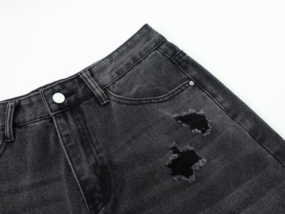 Distressed Ripped Wide Leg Jeans High Waist Washed Black Sandy Fade Black Patch Pocket Streetwear Denim Trousers | Void Rip