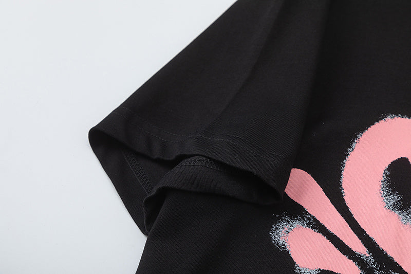 Black unisex graphic T-shirt with pink and white masked face print, crew neck, and short sleeves - view 6
