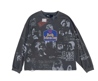 Paly Bethlehem Inn Graffiti Long Sleeve Tee Washed Distressed Vintage Charcoal Cropped Streetwear | Bethlehem Grunge