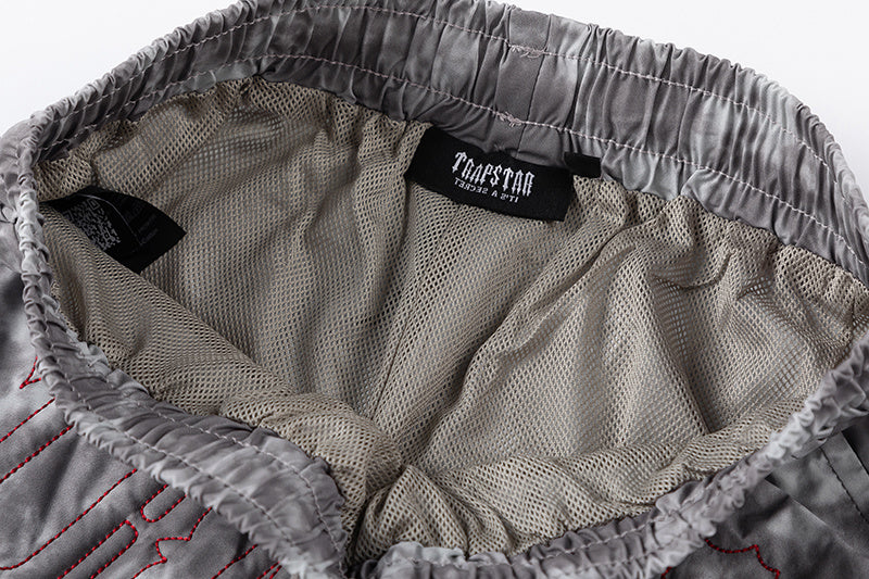 Black and gray tie-dye graphic shorts with drawstring waist and front pockets - view 6