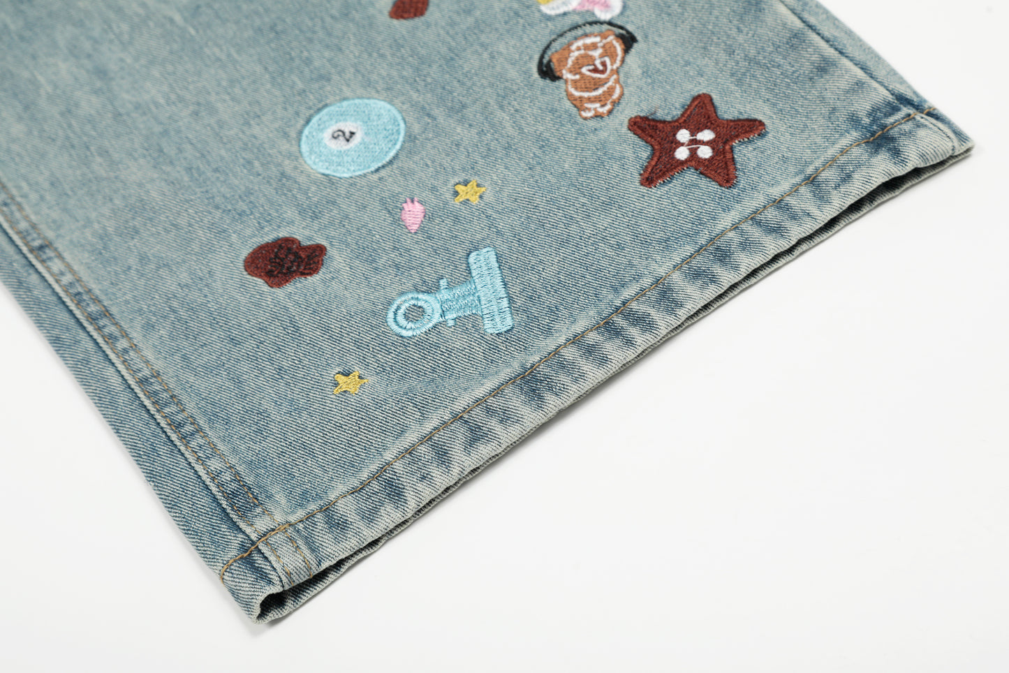 Cartoon Embroidery Scatter Patch Wide Leg Jeans Elastic Waist Washed Denim Bear Star Bow Y2K Harajuku