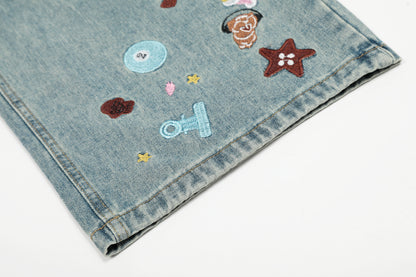 Cartoon Embroidery Scatter Patch Wide Leg Jeans Elastic Waist Washed Denim Bear Star Bow Y2K Harajuku