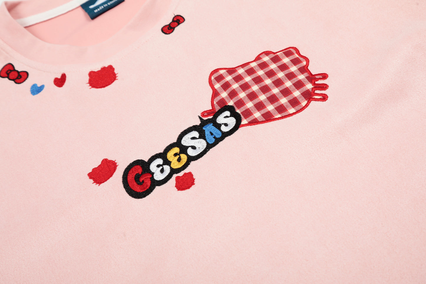 Geesas Plaid Cat Graphic Embroidered Heart Tee Oversized Short Sleeve Cute Kawaii Streetwear Y2K Summer T-Shirt | Kitty Heart