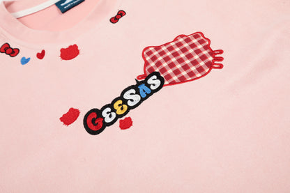 Geesas Plaid Cat Graphic Embroidered Heart Tee Oversized Short Sleeve Cute Kawaii Streetwear Y2K Summer T-Shirt | Kitty Heart