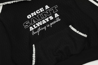 Once A Saint Graphic Cropped Hoodie Side Stripe Lace Trim Streetwear Y2K Casual Sweatshirt | Saint Crop