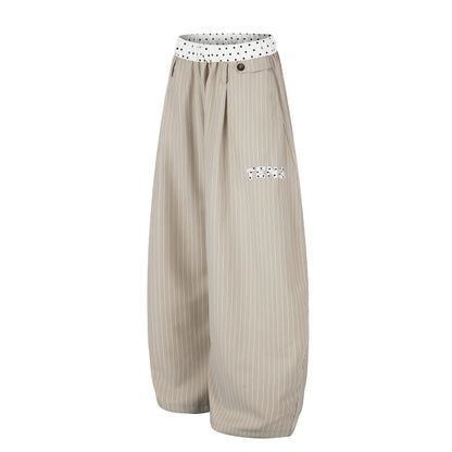 Women's TENG Embroidery Polka Dot Fold-Over Waistband Pinstripe Balloon Wide Leg Pants High Waist Casual Streetwear Trousers