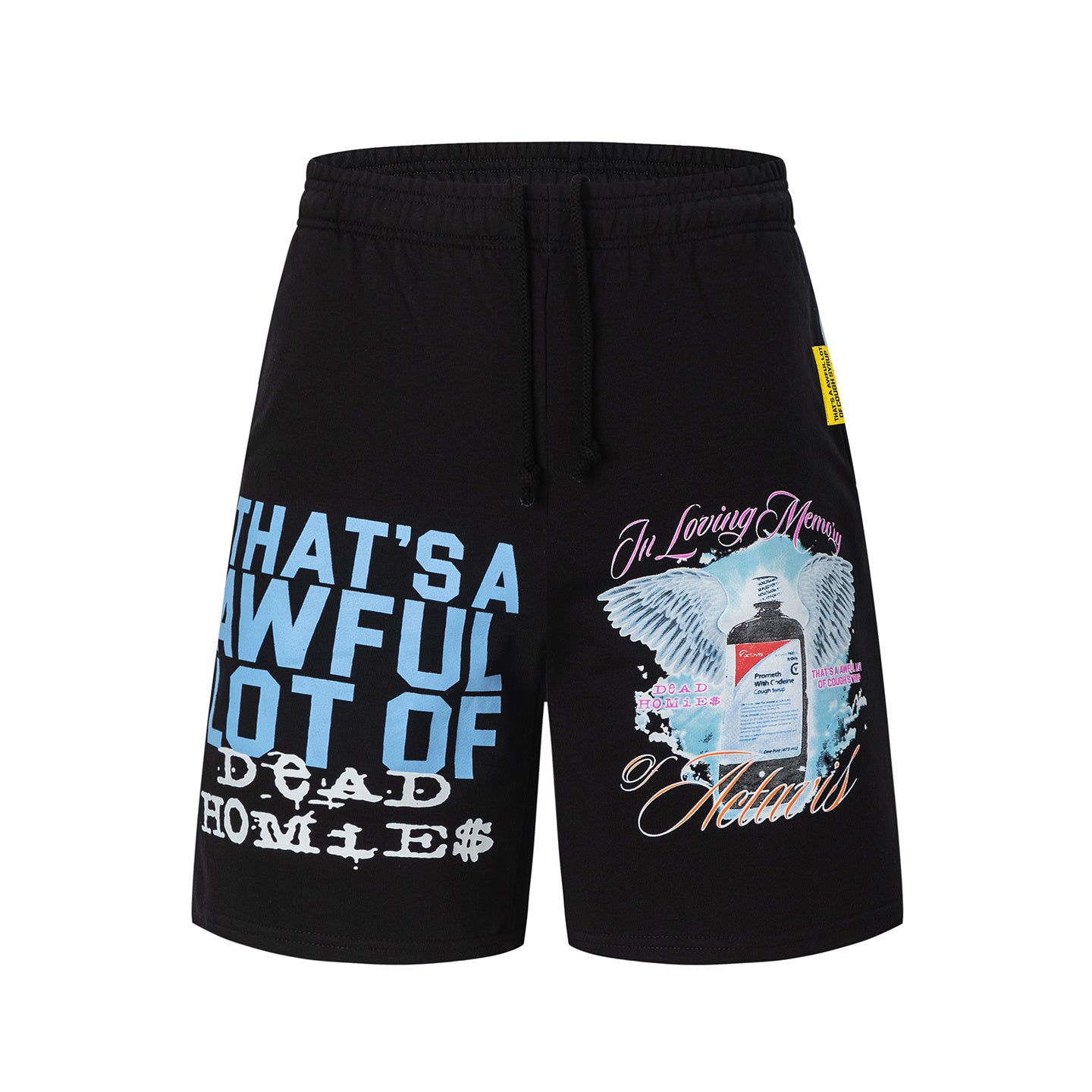 Men's black graphic shorts with light blue lettering, bottle-and-wings print, drawstring waist, and rear patch pocke - view 7