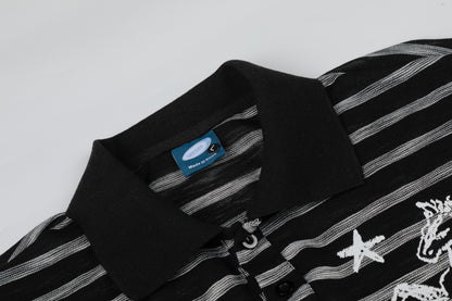 Twin Stallion Star Embroidery Stripe Polo Short Sleeve Oversized Streetwear Y2K Vintage Cotton Knit Top | Twin Stallion
