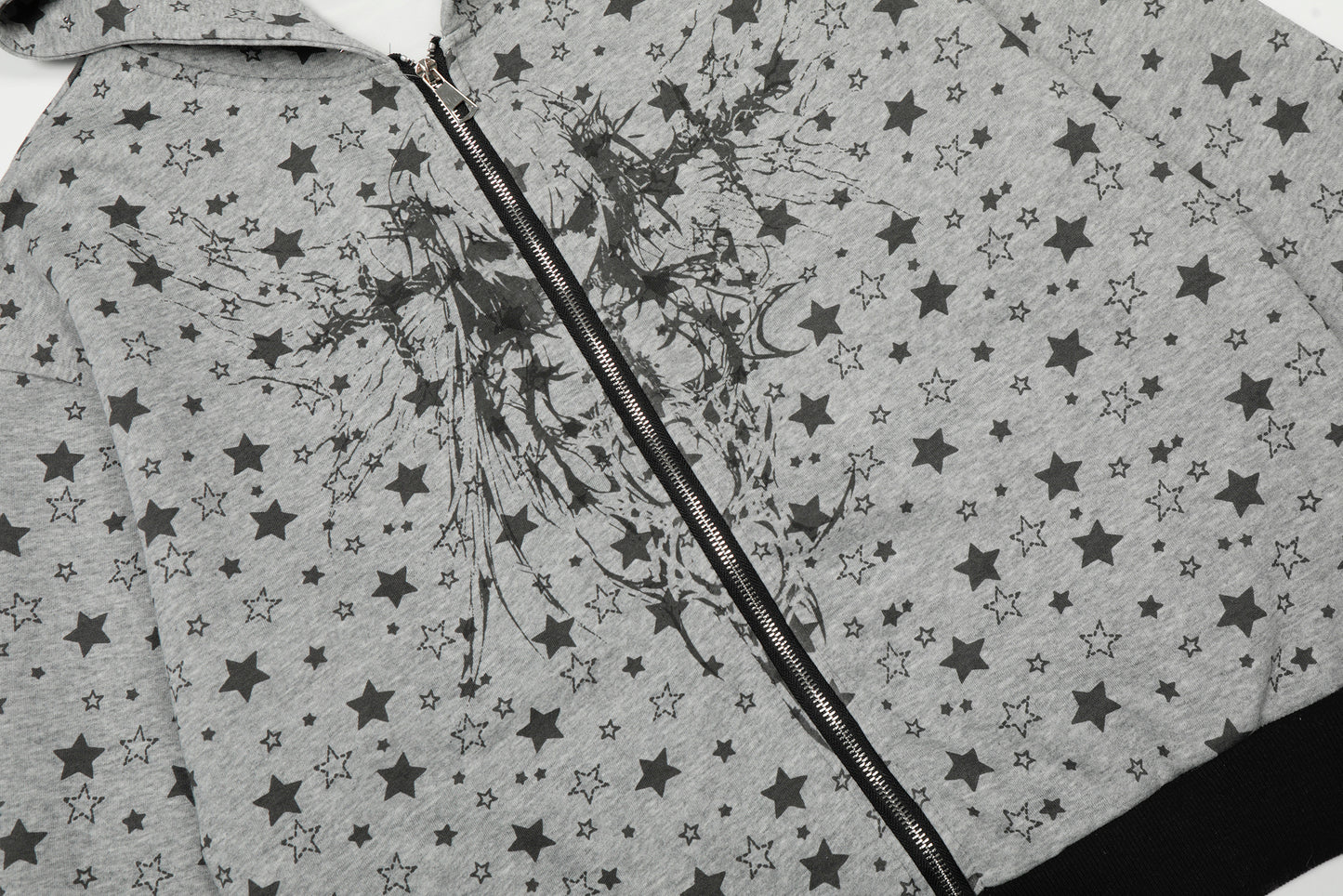 All Over Star Print Gothic Tree Graphic Zip Up Hoodie Oversized Rivet Cuff Y2K Streetwear Sweatshirt
