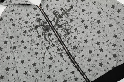 All Over Star Print Gothic Tree Graphic Zip Up Hoodie Oversized Rivet Cuff Y2K Streetwear Sweatshirt