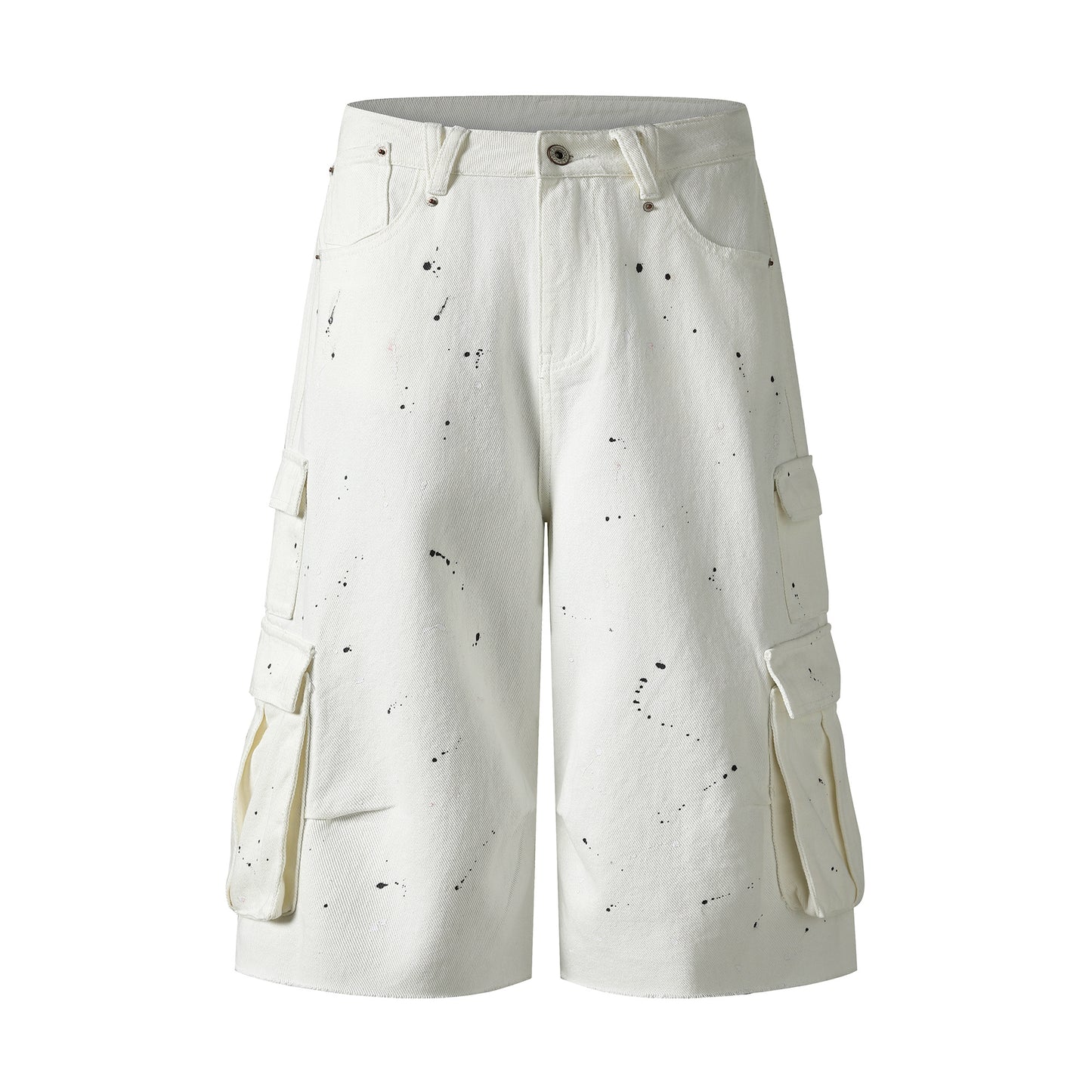 White cargo denim shorts back view with dog graphic