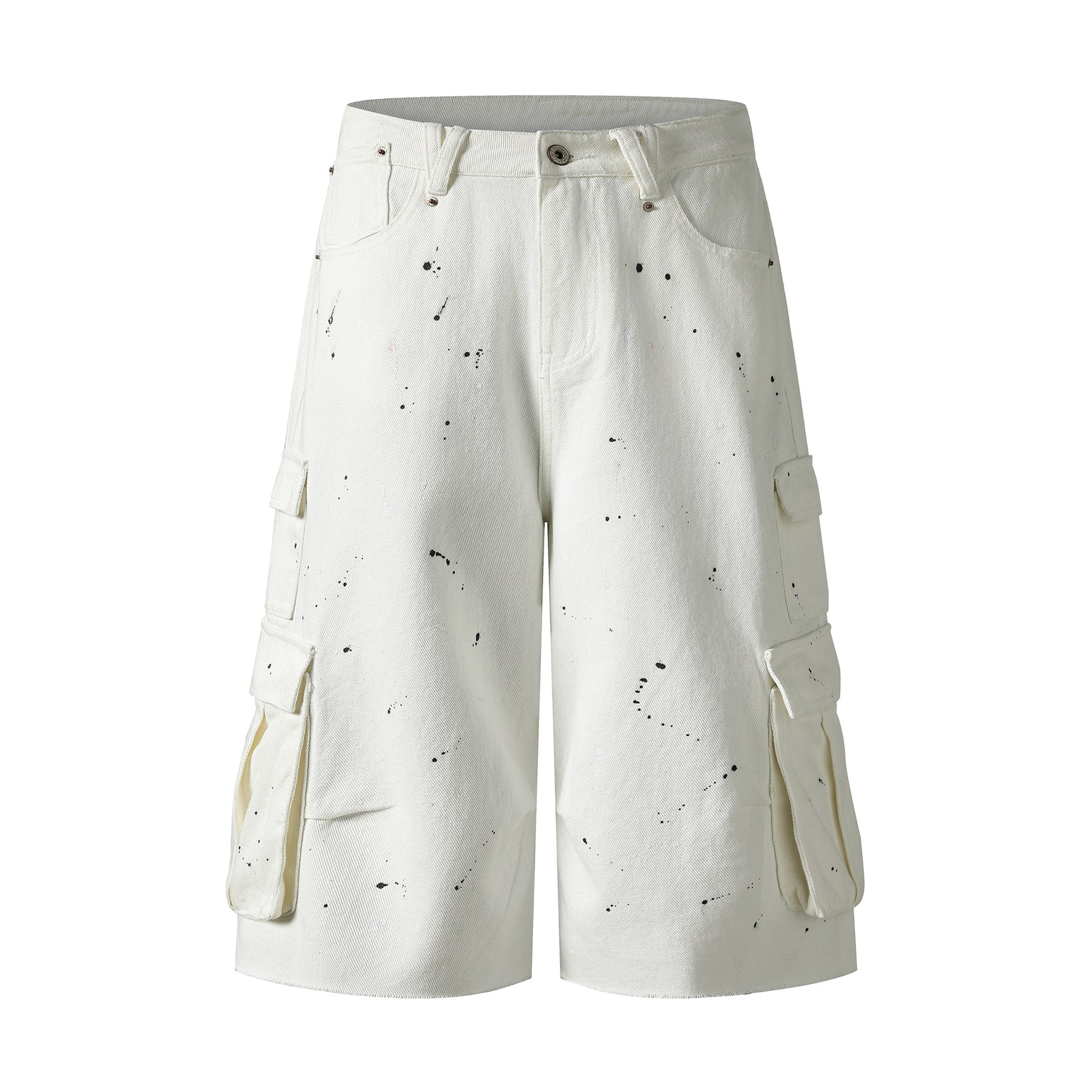 White cargo denim shorts back view with dog graphic