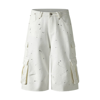 Dog Graphic Paint Splatter Cargo Denim Shorts Wide Leg High Waist Washed Multi-Pocket Streetwear Summer Casual Jean Shorts | Pup Cargo