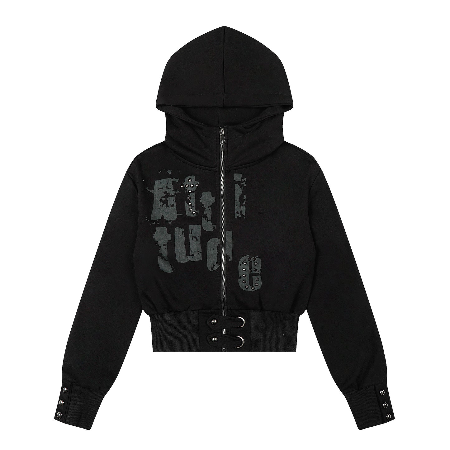 Attitude Rivet Crop Zip Hoodie - Black Front