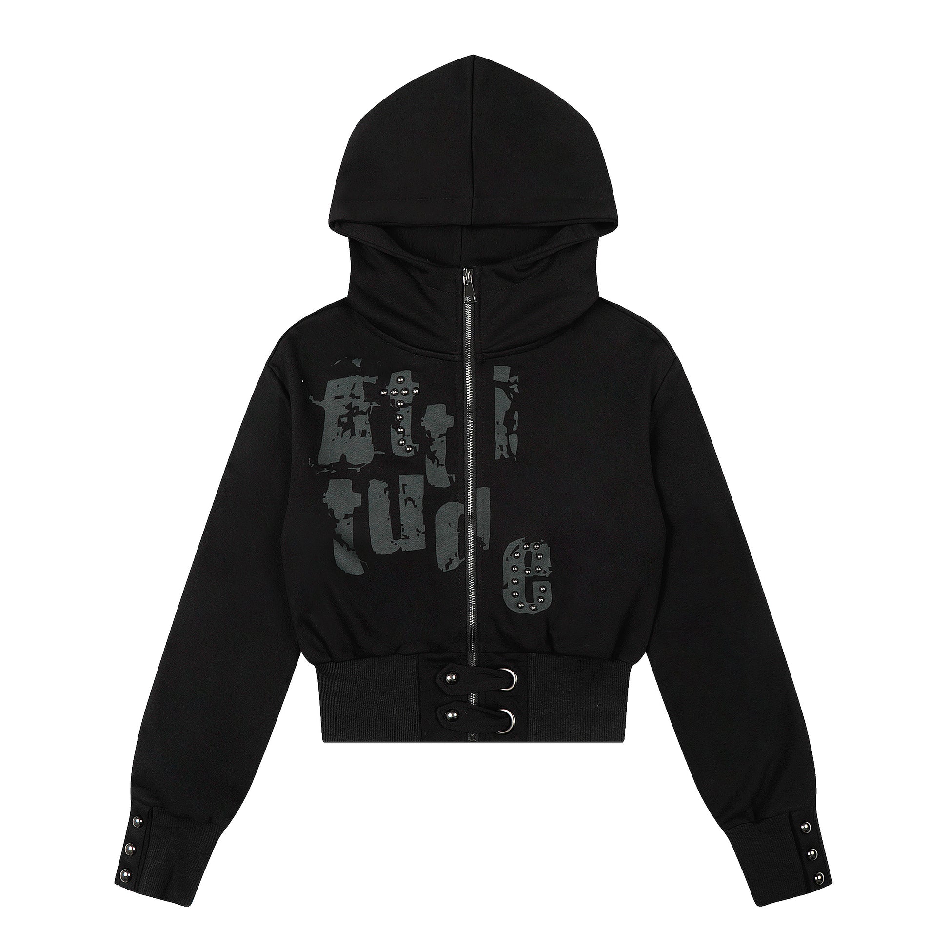 Attitude Rivet Crop Zip Hoodie - Black Front