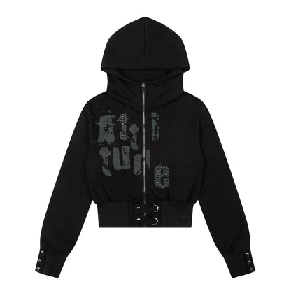 Attitude Rivet Letter Distressed Crop Zip Hoodie Studded Waist Buckle Y2K Streetwear Sweatshirt