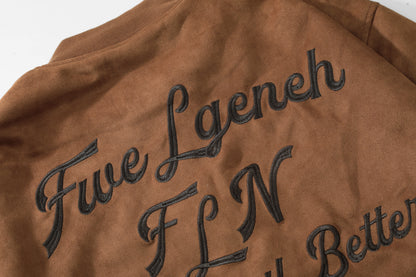 Oversized FLN Letter Embroidery Bomber Jacket Zip Up Suede Texture Streetwear Casual Fall Outerwear