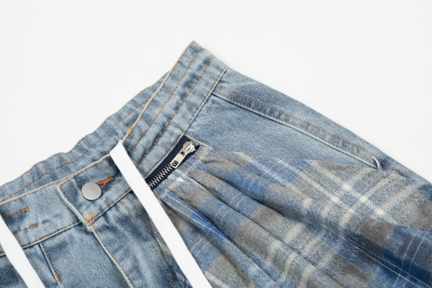 Plaid Scarf Waist Tie Drawstring Wide Leg Jeans Cargo Pocket Hem Slit Baggy Denim Y2K Streetwear