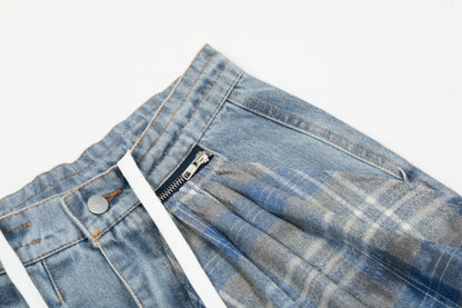 Plaid Scarf Waist Tie Drawstring Wide Leg Jeans Cargo Pocket Hem Slit Baggy Denim Y2K Streetwear