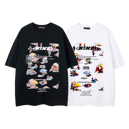 NINE Supend Beach Collage Graphic Oversized Tee Movie Tracklist Print Streetwear Short Sleeve T-Shirt