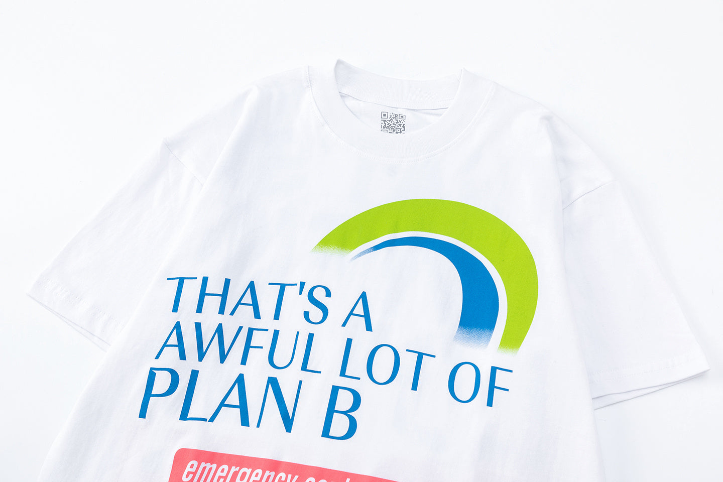 White unisex graphic T-shirt with colorful Plan B and cough syrup text print on the front and back - view 7