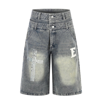 E Letter Cross Rhinestone Denim Shorts Wide Leg High Waist Washed Streetwear Summer Casual Shorts