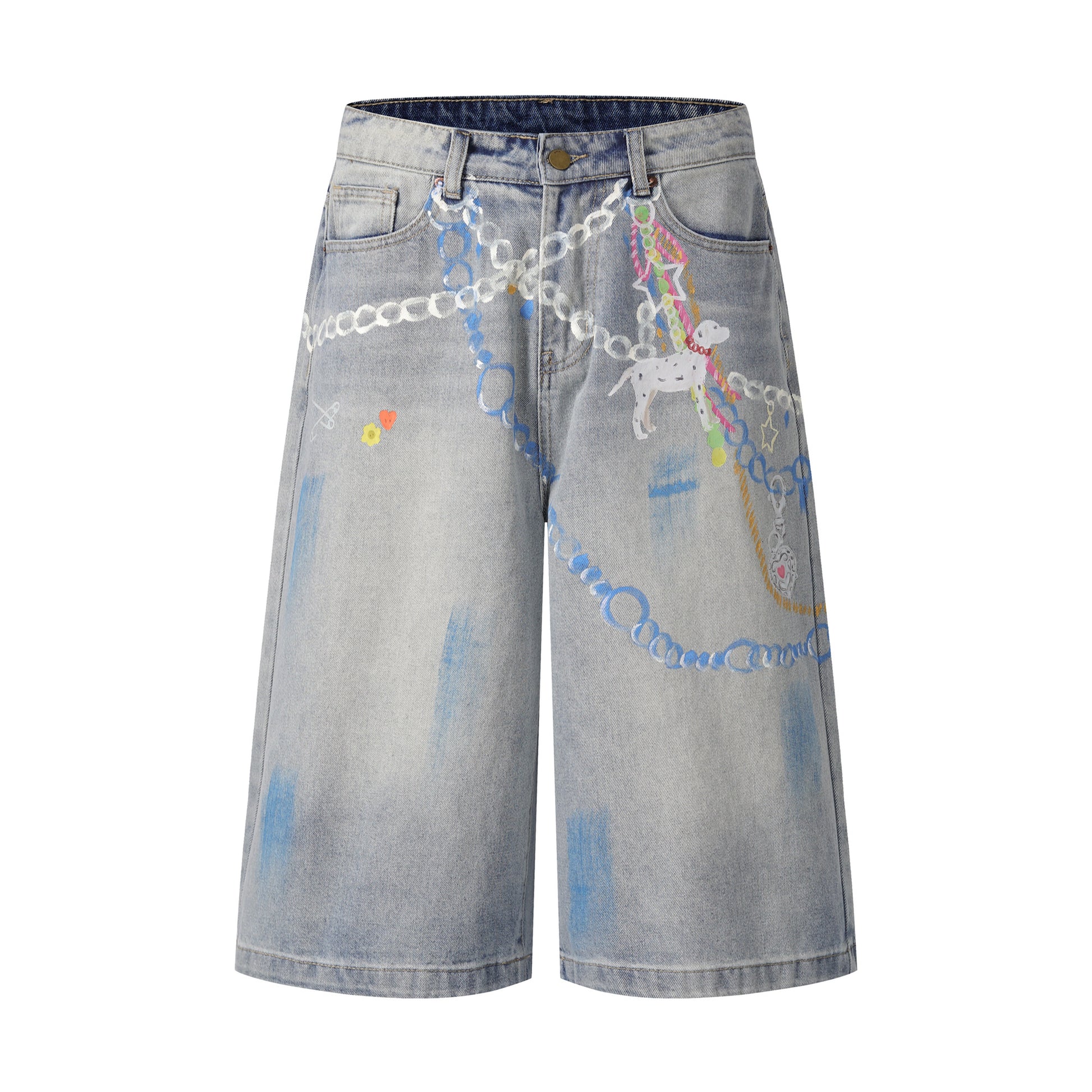 Chain graphic denim shorts both colorways comparison
