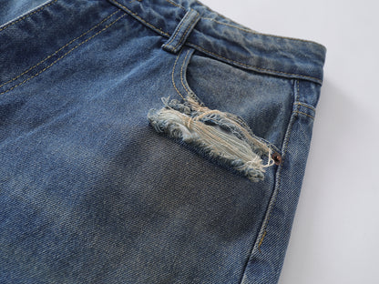 Distressed Patch Embroidered Wide Leg Jeans High Waist Light Wash Mud Dye Cross Stitch Streetwear Denim Trousers | Patch Cross