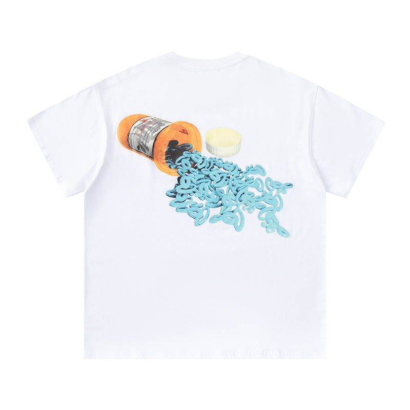 White crew neck short sleeve graphic T-shirt with small blue chest graphic - view 7