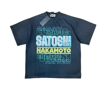 Satoshi Nakamoto Stack Letter Logo Tee Washed Navy 300g Heavy Cracked Print Distressed Raw Hem Streetwear Short Sleeve | Stack Reality Tee
