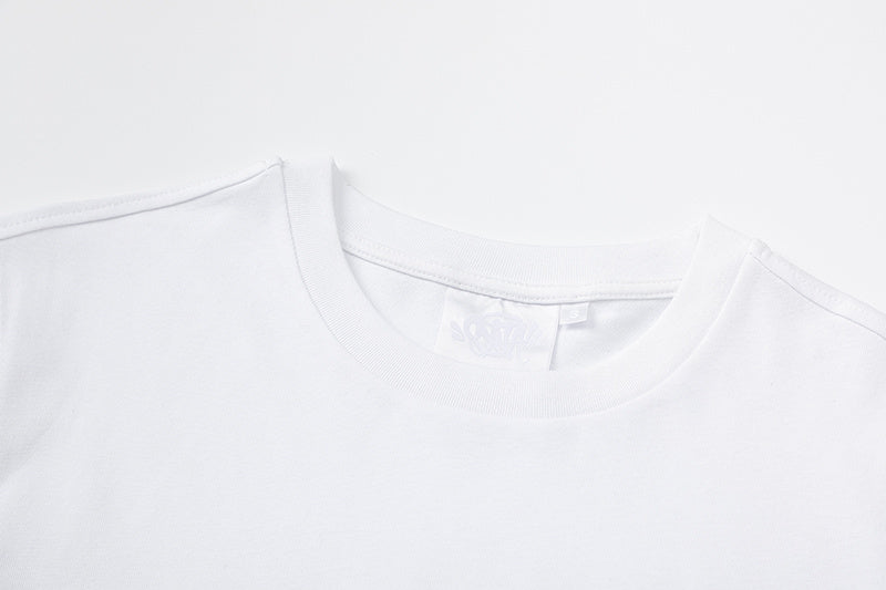 White short sleeve crewneck T-shirt with small red and blue Syna mountain chest graphic - view 7