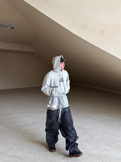 Protocol Index Fake Two-Piece Hoodie Washed 480g Deconstructed Raw Hem Drawstring Waist Streetwear Heavy Fleece | Phantom Layer