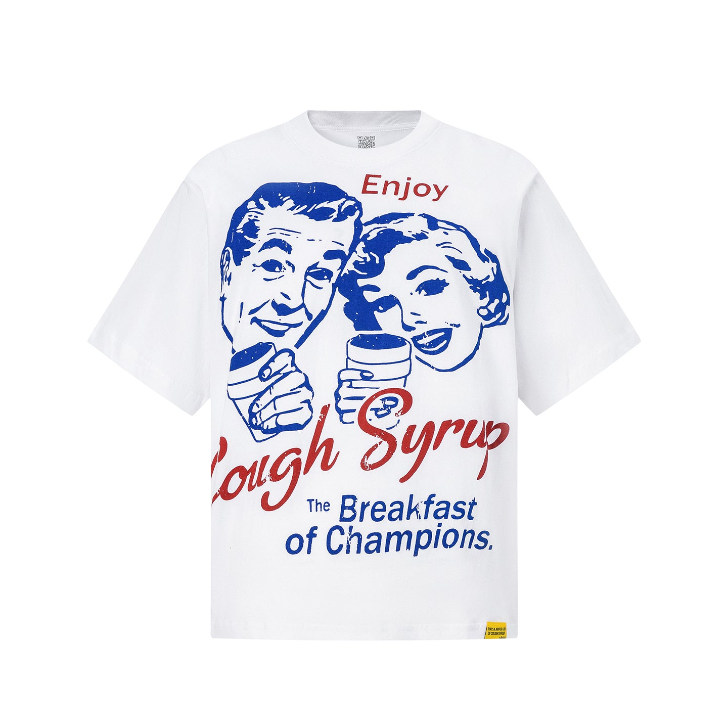 White crew neck graphic T-shirt with colorful Cough Syrup lettering and vintage-style illustrated coffee graphic - view 7